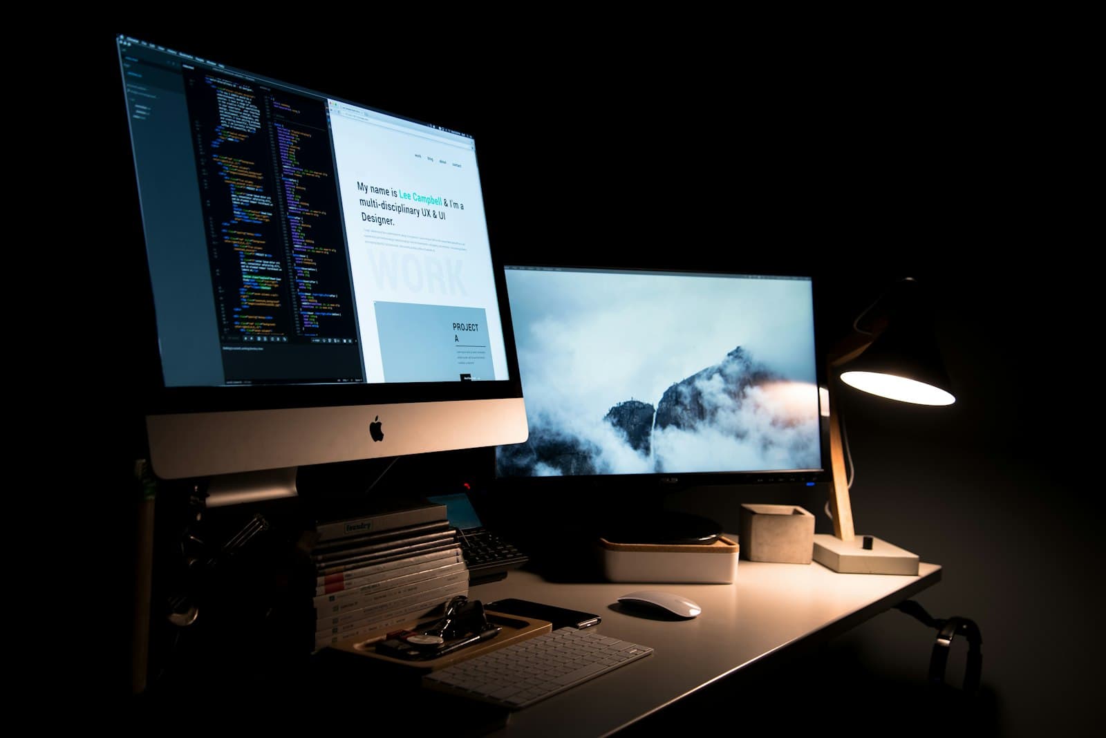 Web design workstation with code and design portfolio